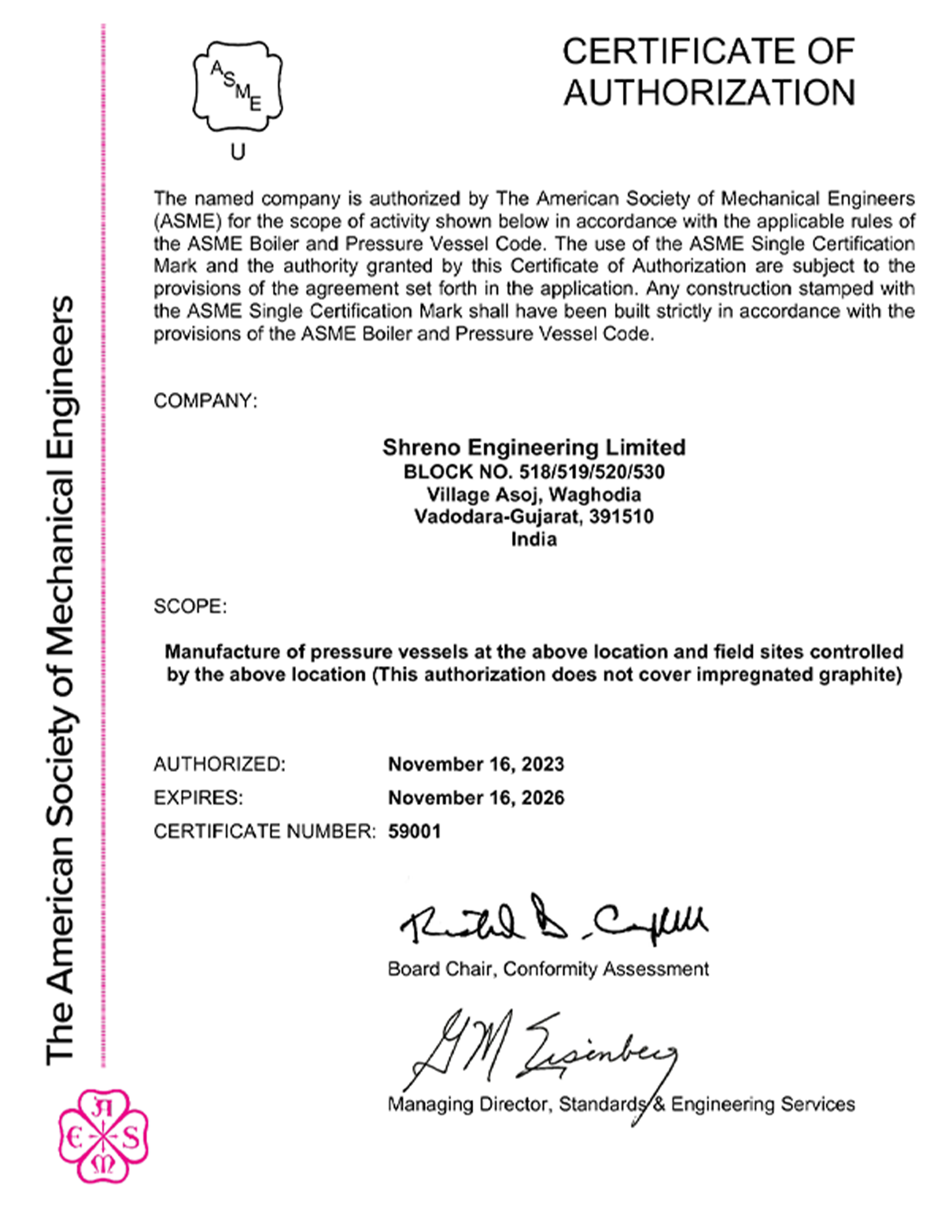 ASME U-Stamp Certificate